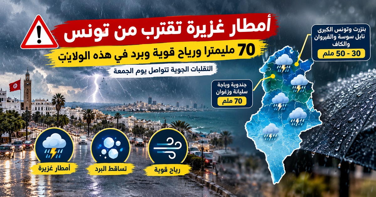 أمطار غزيرة تقترب من تونس.. 70 مليمترا ورياح قوية وبَرَد في هذه الولايات
