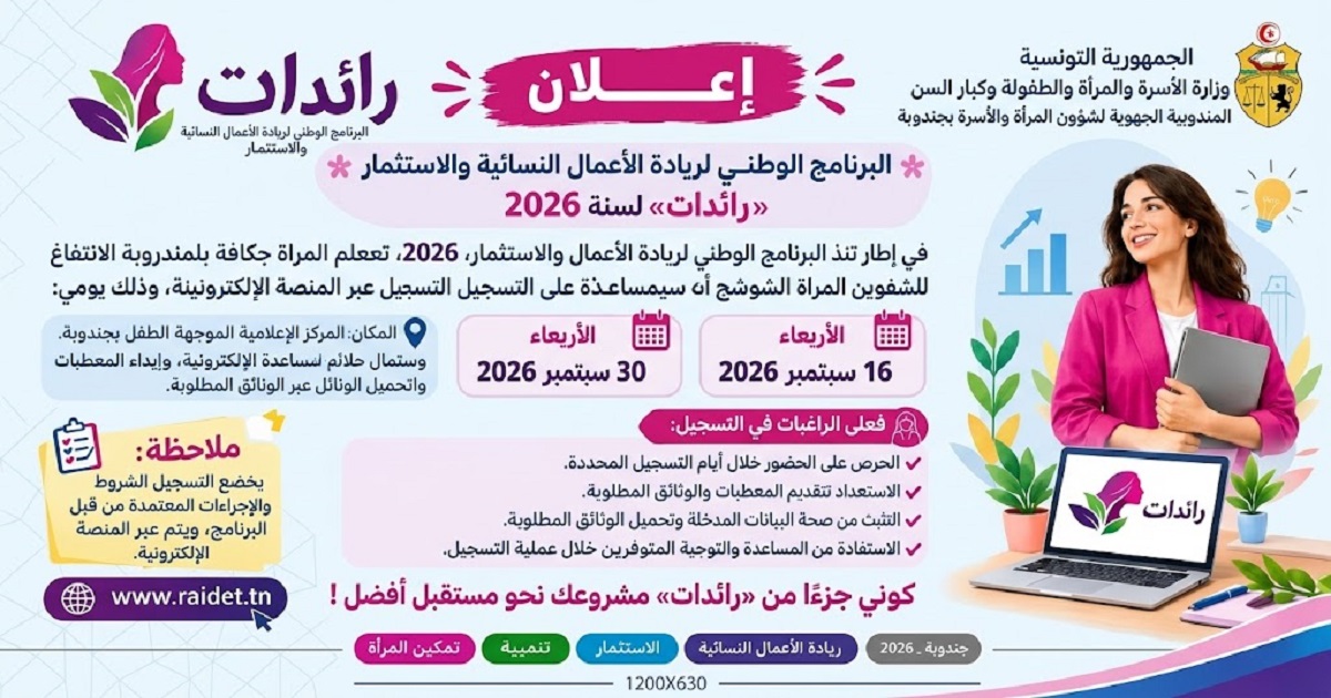 فتح باب التسجيل في البرنامج الوطني لريادة الأعمال النسائية والاستثمار «رائدات» لسنة 2026 بولاية جندوبة 