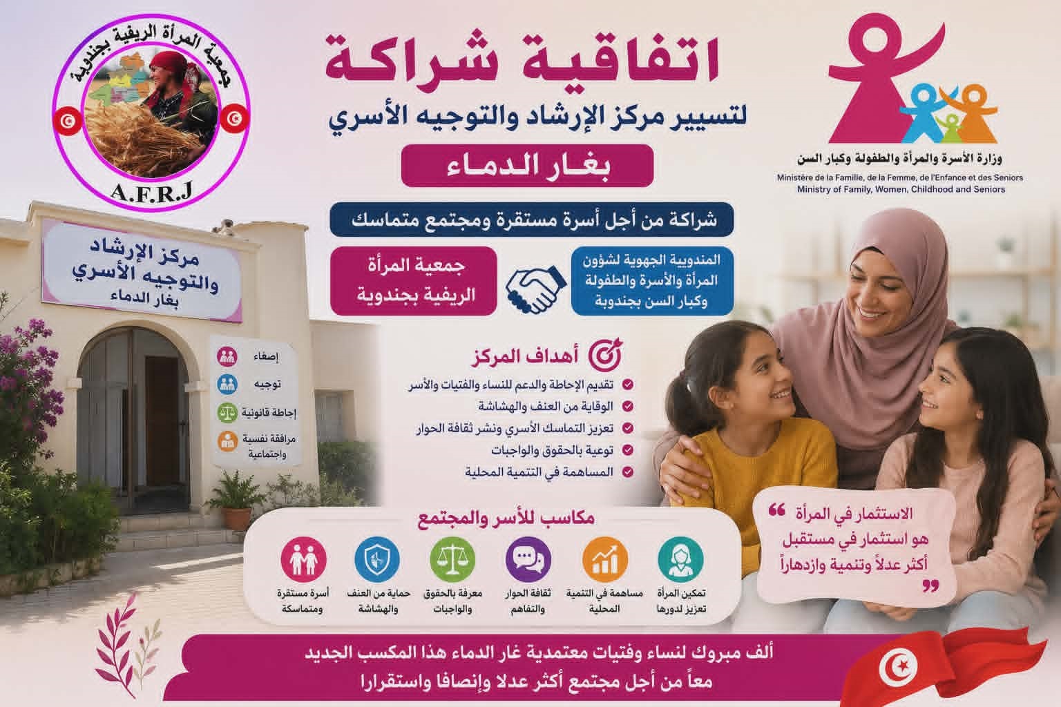 اتفاقية شراكة لتسيير مركز الإرشاد والتوجيه الأسري بغار الدماء: مكسب جديد للمرأة والأسرة